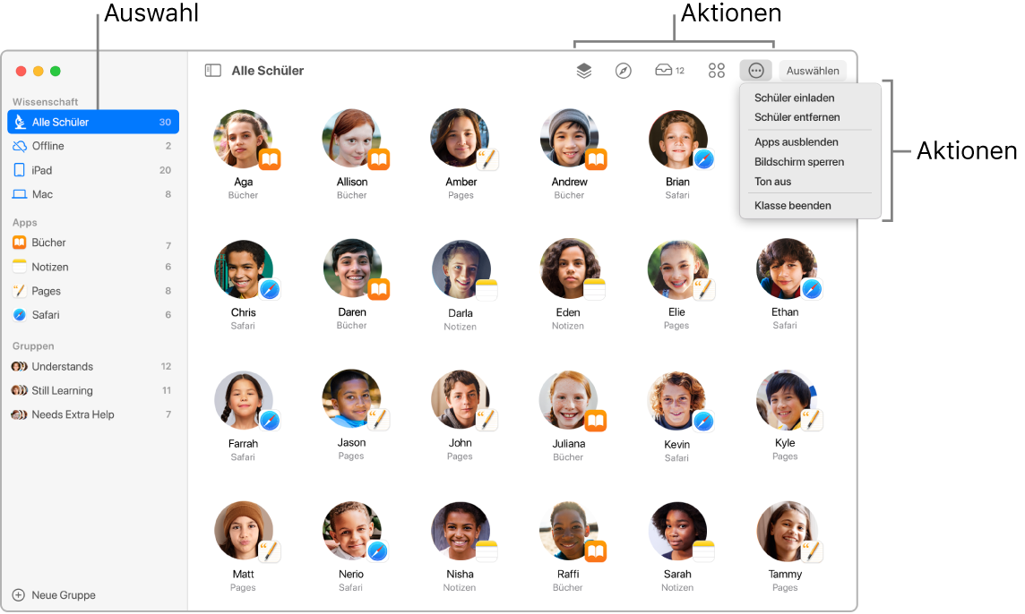 Das Hauptfenster der App „Classroom“ auf einem Mac mit ausführbaren Aktionen am oberen Bildschirmrand.