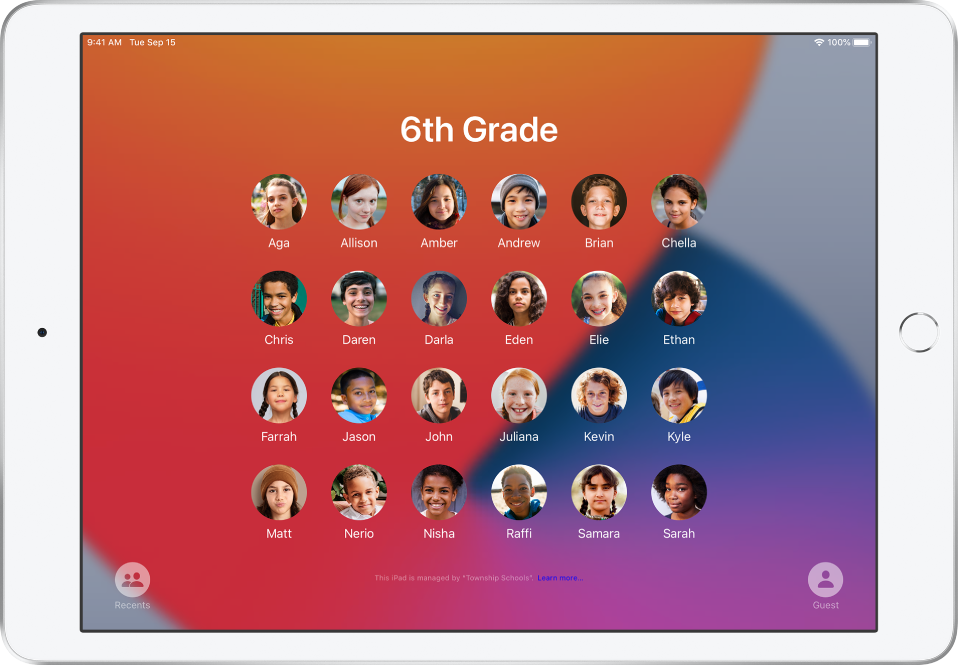 Shared iPad screen showing students.