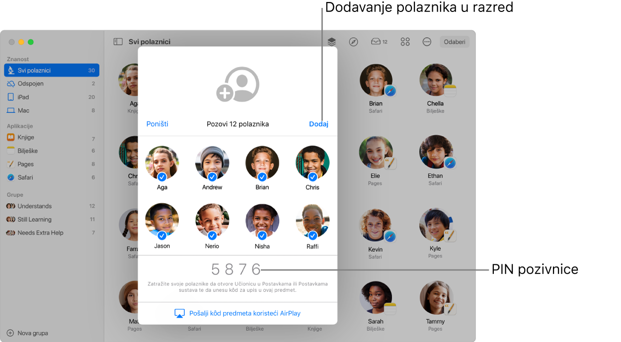 Zaslon aplikacije Učionica s prikazom pozivanja polaznika u razred te šifre pozivanja koja se koristi za pridruživanje.