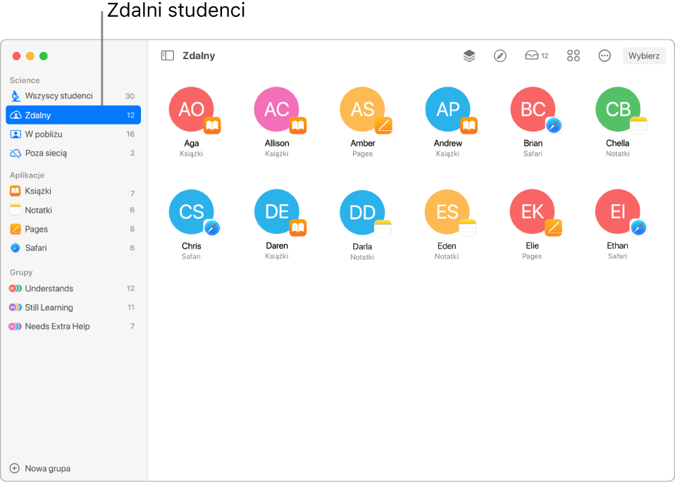 Zrzut ekranu pokazujący klasę zdalną z wieloma studentami używającymi różnych aplikacji.