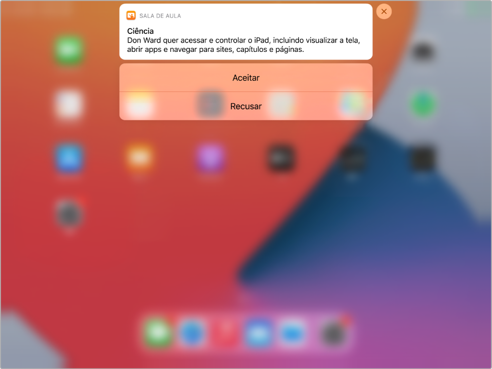 Tela do iPad mostrando uma notificação de conexão remota.