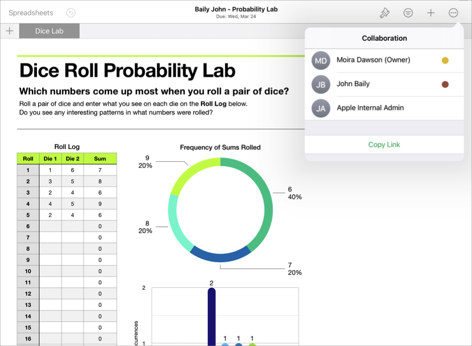 Przykład współdzielonego pliku ucznia — Baily John - Probability Lab — z wyświetlonymi szczegółami współpracy w aplikacji iWork Numbers.