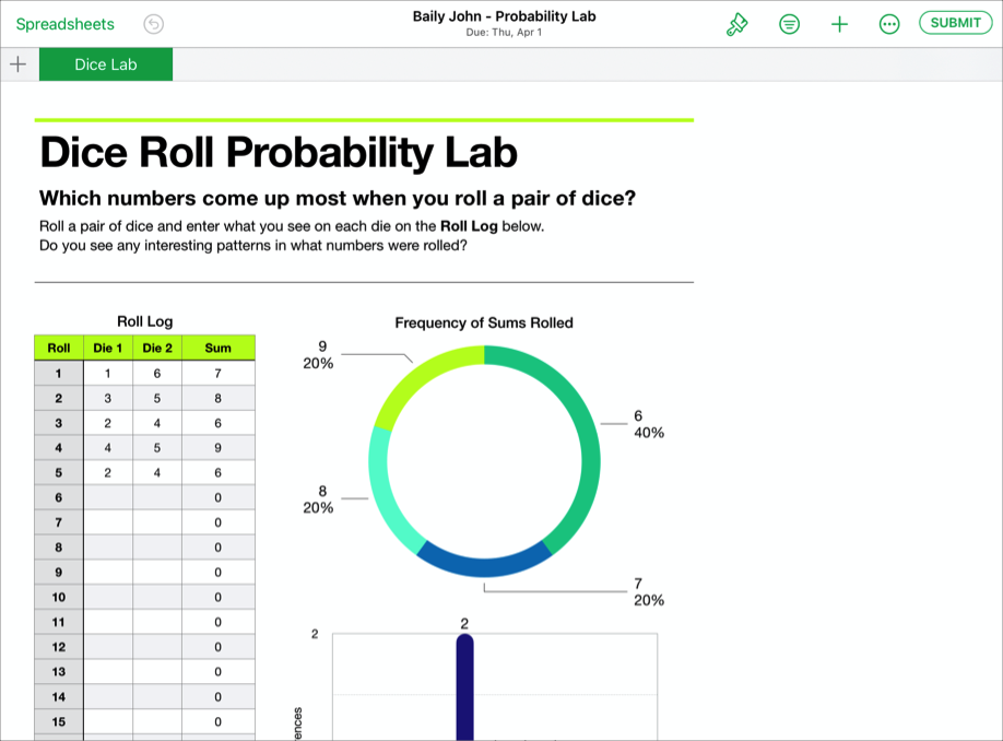 Mẫu tệp cộng tác của học sinh, Baily John - Probability Lab, đã sẵn sàng gửi cho Schoolwork bằng ứng dụng Numbers trong iWork.