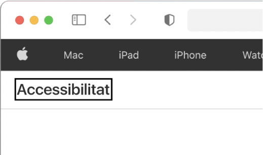 El cursor de VoiceOver (un contorn rectangular fosc) està enfocat en la paraula “Accessibilitat” a la pantalla.