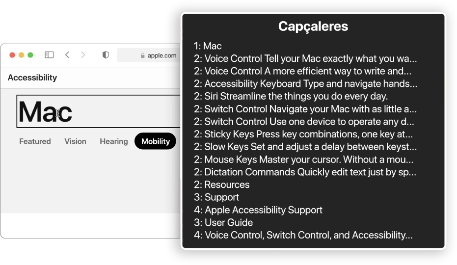 Pàgina web del Safari al cursor de VoiceOver i rotor de VoiceOver amb l’opció Capçaleres.