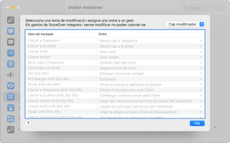 Llista de gestos de VoiceOver i les ordres corresponents al controlador del trackpad de la Utilitat VoiceOver.