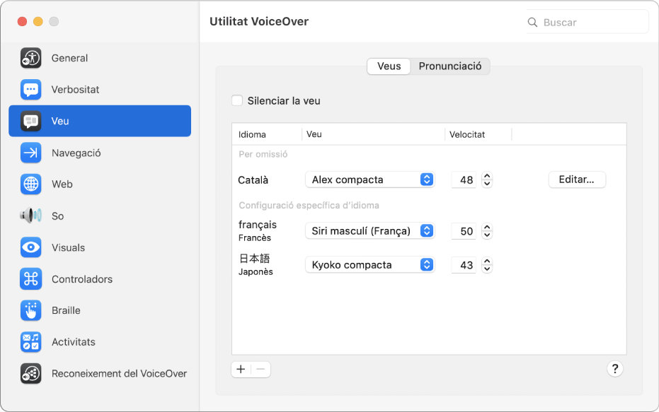 Tauler Veus de la Utilitat VoiceOver que mostra la configuració de la veu per als següents idiomes: anglès, francès i japonès.