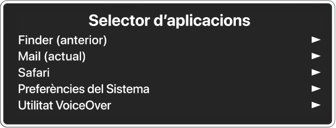 El Selector d’aplicacions mostrant cinc aplicacions obertes, inclòs el Finder i les Preferències del Sistema. A la dreta de cada ítem de la llista hi ha una fletxa.