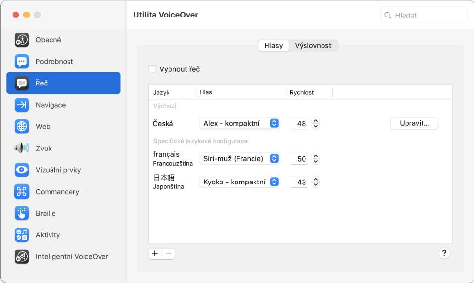Panel Hlasy v Utilitě VoiceOver s nastavením hlasů pro angličtinu, francouzštinu a japonštinu