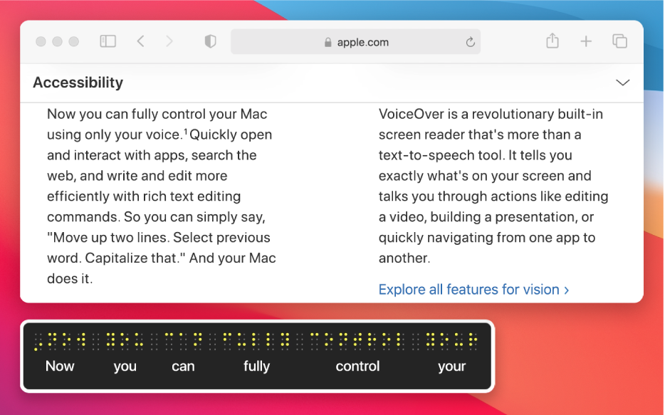Braillský panel zobrazující obsah kurzoru VoiceOveru na webové stránce Braillský panel zobrazuje simulované žluté body Braillova písma; pod nimi se zobrazuje odpovídající text