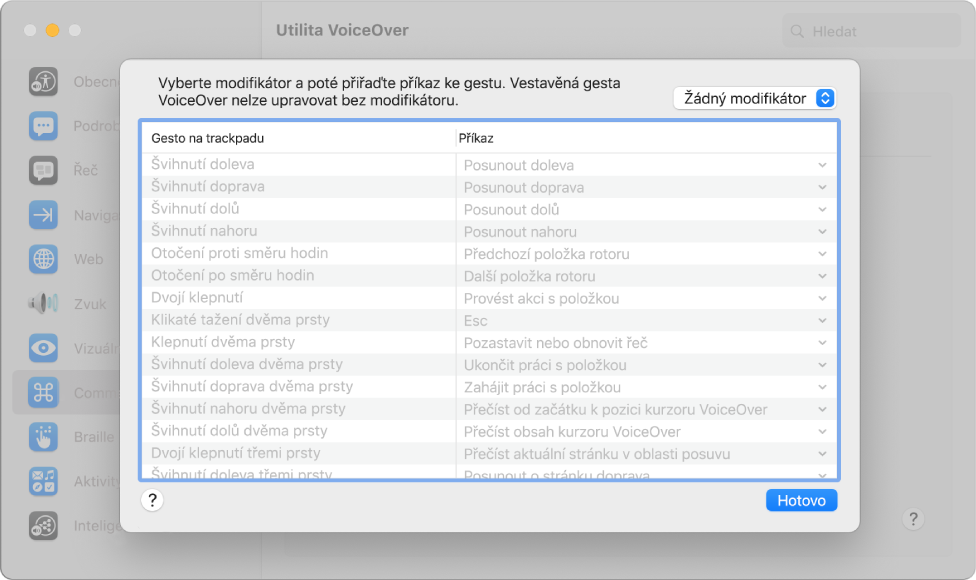 Seznam gest a odpovídajících příkazů VoiceOveru, zobrazený na panelu Trackpad Commanderu v Utilitě VoiceOver