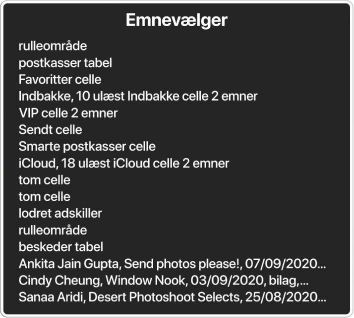 Emnevælgeren er et vindue, der viser emner som tomt rulleområde, lukkeknap, værktøjslinje og knappen Del.