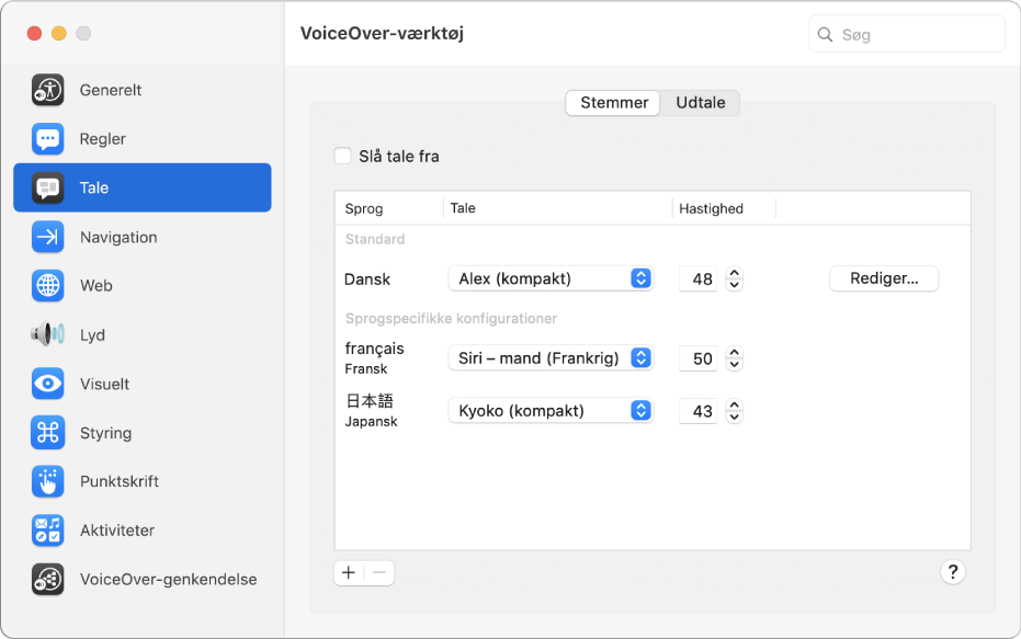 Vinduet Stemmer i VoiceOver-værktøj viser stemmeindstillinger til sprogene engelsk, fransk og japansk.