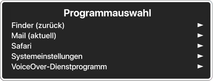 Die Programmauswahl listet fünf geöffnete Apps auf, darunter der Finder und die Systemeinstellungen. Rechts neben jedem Objekt in der Liste befindet sich ein Pfeil.