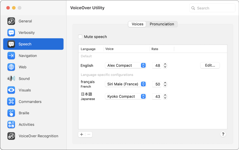 The VoiceOver Utility Voices pane showing voice settings for English, French and Japanese languages.