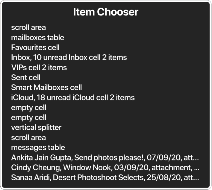 The Item Chooser is a panel that lists items such as empty scroll area, close button, toolbar and Share button, among others.