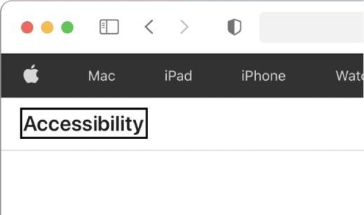 The VoiceOver cursor—a dark rectangular outline—focused on the word “Accessibility” on screen.