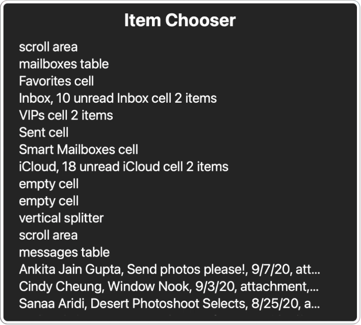 The Item Chooser is a panel that lists items such as empty scroll area, close button, toolbar, and Share button, among others.