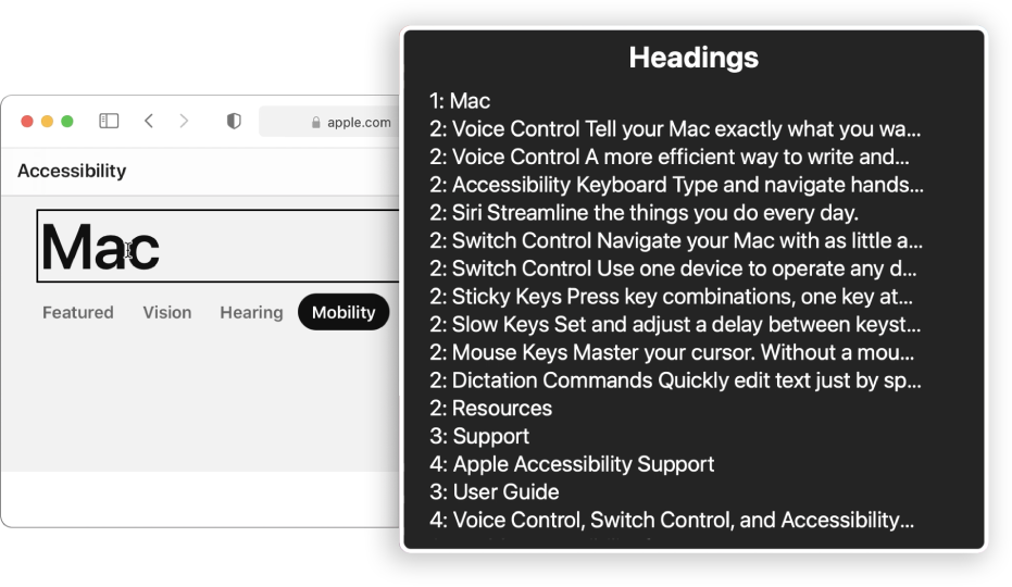 A Safari webpage in the VoiceOver cursor and the VoiceOver rotor set to Headings.