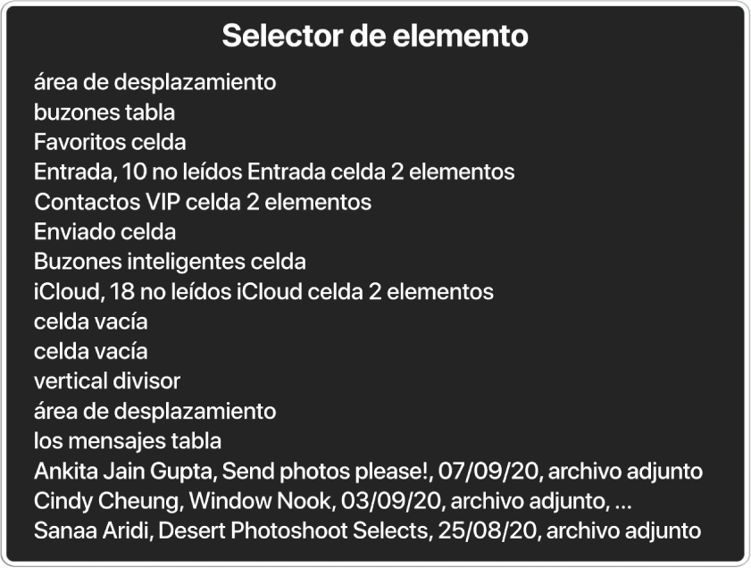 El selector de elementos es un panel que muestra una lista de elementos como un área de desplazamiento vacía, el botón para cerrar, la barra de herramientas, el botón para compartir, etc.