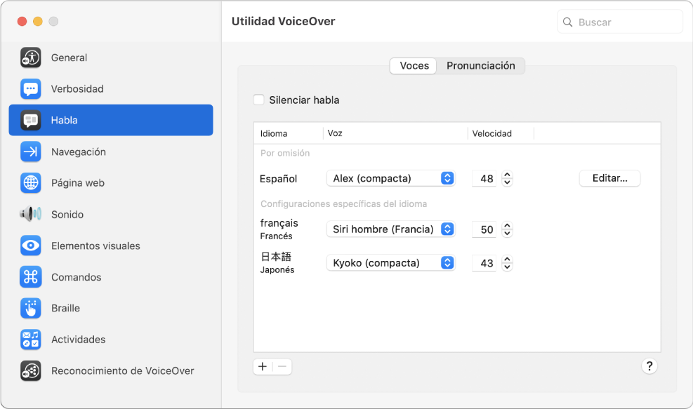El panel Voces de Utilidad VoiceOver con ajustes de voces para los idiomas inglés, francés y japonés.