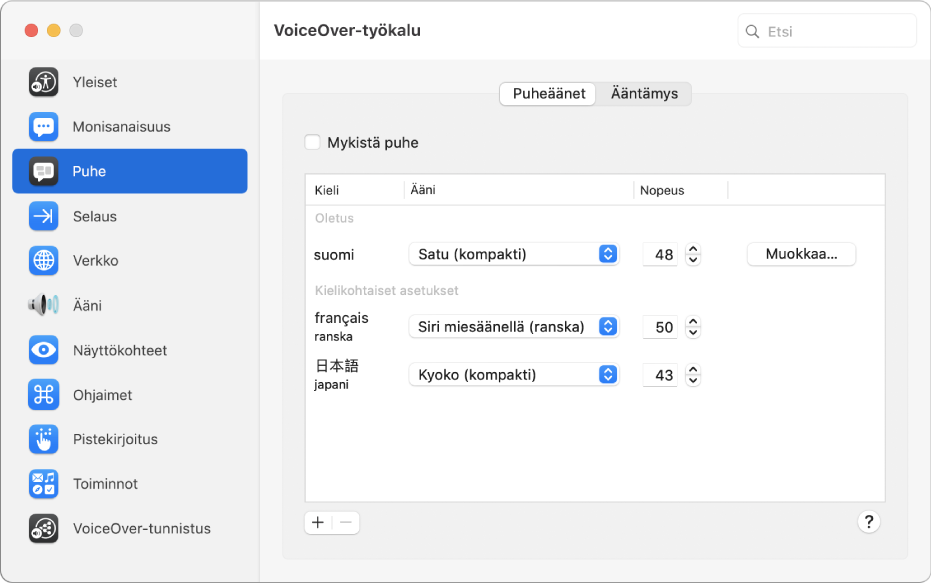 VoiceOver-työkalun Puheäänet-osio, jossa on englannin, ranskan ja japanin puheääniasetukset.