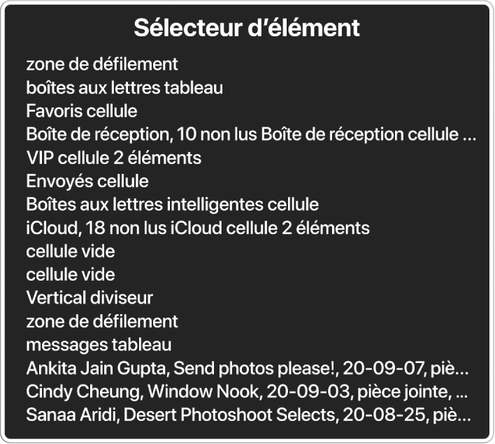 Le sélecteur d’élément est une sous-fenêtre qui répertorie des éléments, notamment une zone de défilement vide, un bouton de fermeture, une barre d’outils et le bouton Partager.