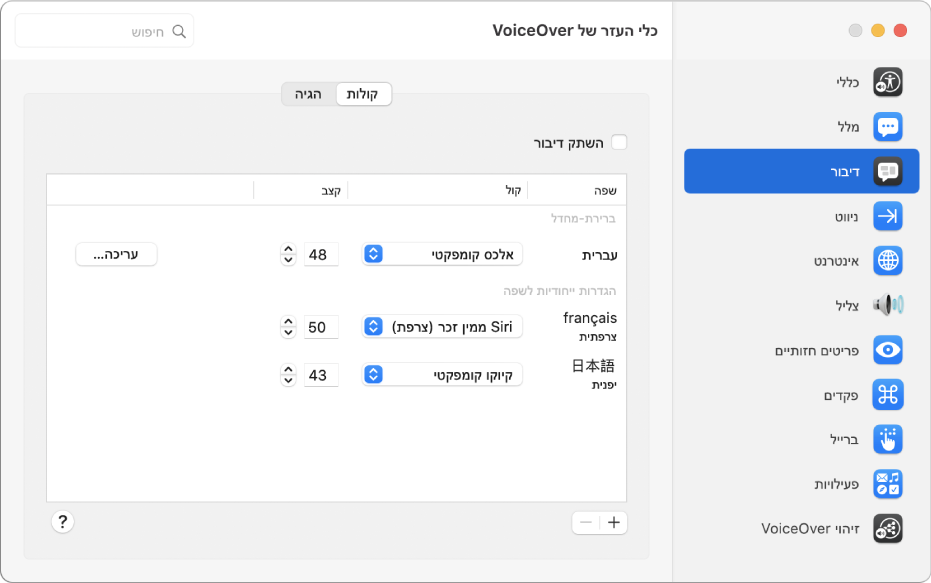 החלונית ״קולות״ של ״כלי העזר של VoiceOver״ מציגה הגדרות קול עבור השפות האנגלית, הצרפתית והיפנית.
