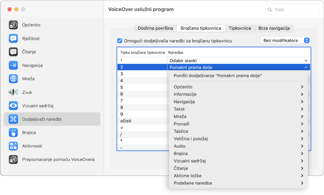 Prozor Uslužnog programa VoiceOver koji prikazuje kategoriju Dodjeljivač naredbi odabranu u rubnom stupcu i odabranu brojčanu tipkovnicu na desnoj strani. U gornjem uglu prikaza brojčane tipkovnice odabrana je kućica "Omogući dodjeljivača naredbi za brojčanu tipkovnicu". Iz skočnog izbornika Modifikator nije odabran nijedan Modifikator. Ispod potvrdne kućice i skočnog izbornika nalazi se tablica s dva stupca: Brojčana tipka i Naredba. Odabire se drugi redak i sadrži 2 u stupcu tipki brojčane tipkovnice i Pomakni dolje u stupcu Naredba. Skočni izbornik ispod Pomakni prema dolje koji prikazuje kategorije naredbi, poput Općenito; svaka kategorija ima strelicu za prikaz naredbi koje se mogu dodijeliti trenutačnoj tipki brojčane tipkovnice.