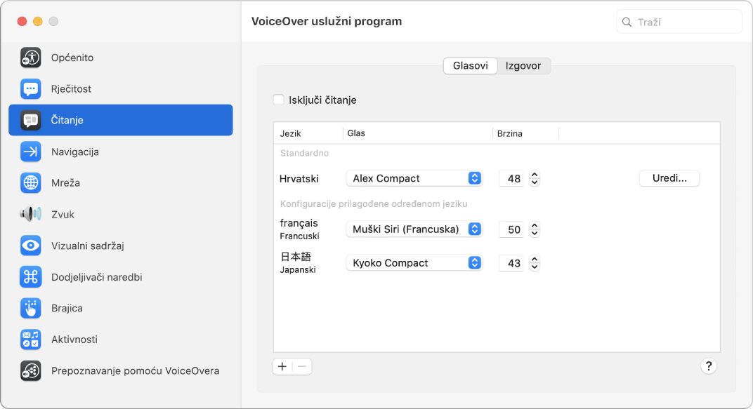 Prozor Uslužnog programa VoiceOver koji prikazuje postavke glasa za engleski, francuski i japanski jezik.