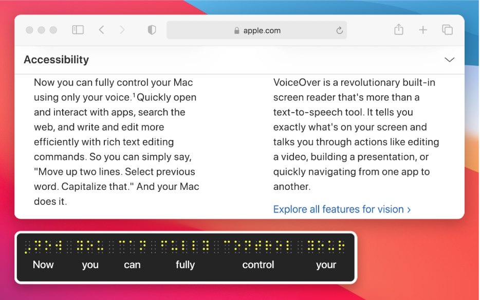 Prozor brajice s prikazom što je u VoiceOver kursoru na web stranici. Prozor brajice prikazuje simulirane žute točke brajice, s odgovarajućim tekstom ispod točaka.