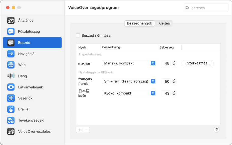 A VoiceOver segédprogram Beszédhangok panelje, angol, francia és japán nyelvre vonatkozó beszédhangbeállításokkal.