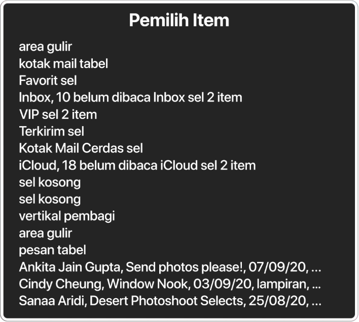 Pemilih Item adalah panel yang mencantumkan item seperti kosongkan area gulir, tombol tutup, bar alat, dan tombol Bagikan, di antaranya.