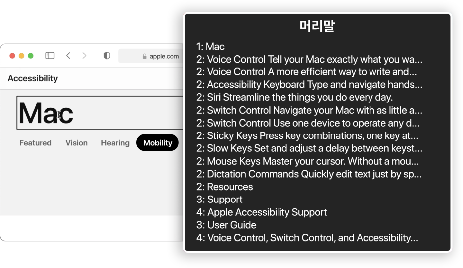 VoiceOver 커서에 있는 Safari 웹 페이지 및 머리말로 설정되어 있는 VoiceOver 로터.