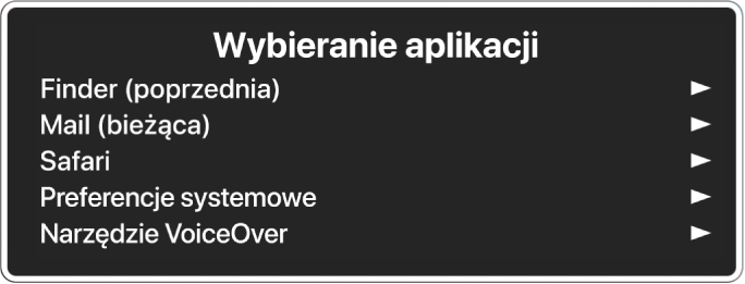 Menu wyboru okna zawierające pięć otwartych aplikacji, w tym Findera oraz Preferencje systemowe. Po prawej stronie każdej nazwy na liście widoczna jest strzałka.