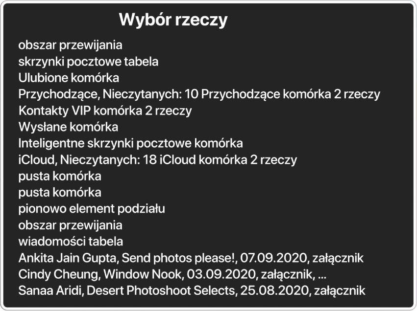 Menu wyboru rzeczy to panel zawierający listę takich elementów, jak puste pole przewijania, przycisk zamykania, pasek narzędzi i przycisk udostępniania.