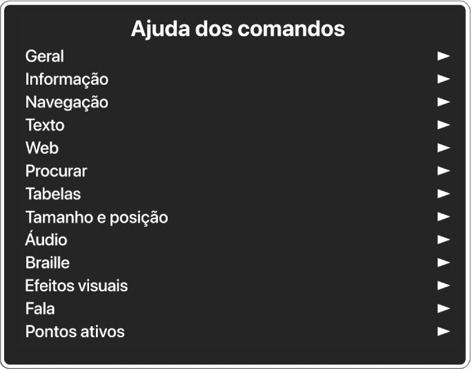 O menu “Ajuda dos comandos” é um painel que lista categorias de comando, que começa em Geral e termina nos Pontos ativos. À direita de cada elemento da lista encontra-se uma seta para aceder ao submenu do elemento.