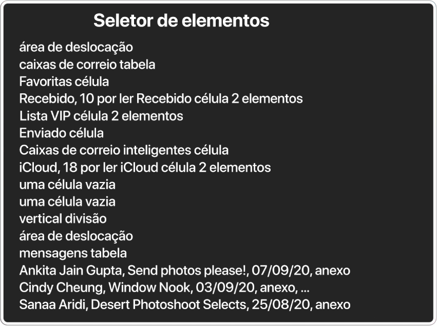 O seletor de elementos é um painel que apresenta uma lista de elementos, como a área de deslocação vazia, o botão de fechar, a barra de ferramentas, o botão de partilha, entre outros.