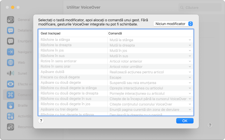 O listă a gesturilor și comenzilor VoiceOver afișată în Comandant trackpad, în Utilitar VoiceOver.