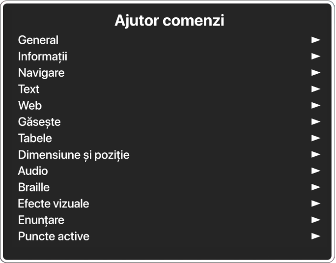 Meniul Ajutor Comenzi este un panou care listează categoriile de comenzi, începând cu General și terminând cu Punctele active. În dreapta fiecărui articol din listă se află o săgeată pentru accesarea submeniului articolului.