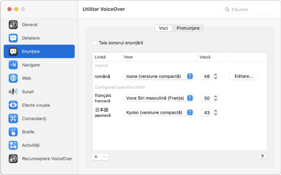 Panou Voci din Utilitarul VoiceOver, afișând configurările de voce pentru limbile engleză, franceză și japoneză.