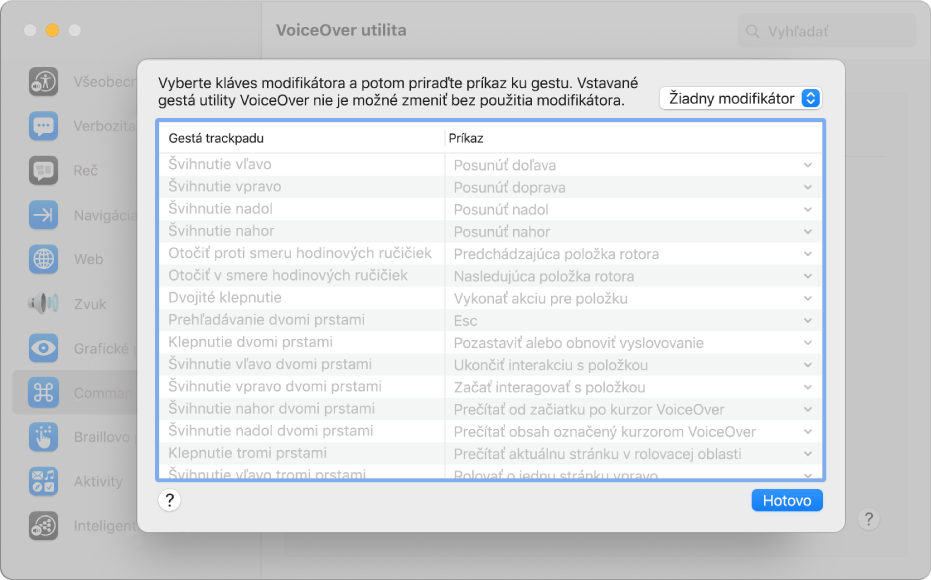 Zoznam gest utility VoiceOver a zodpovedajúce príkazy zobrazené v aplikácii Trackpad Commander v utilite VoiceOver.