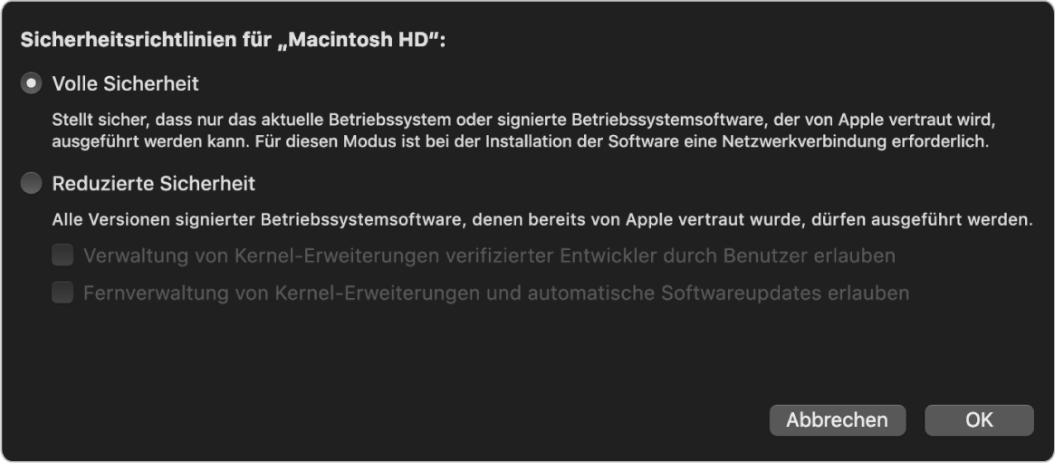 Ein Auswahlfenster für eine Sicherheitsrichtlinie im Startsicherheitsdienstprogramm, in dem die Richtlinie „Volle Sicherheit“ für das Volume „Macintosh HD“ ausgewählt ist