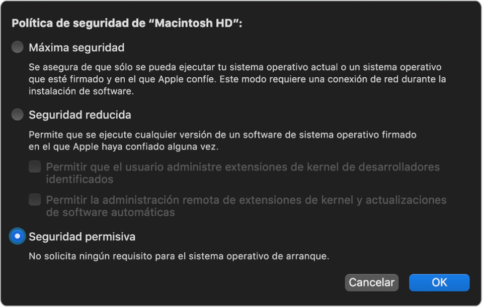 Un panel de selección de políticas de seguridad en la Utilidad de Seguridad de Inicio, con la política de Seguridad Permisiva seleccionada para el volumen "Macintosh HD”