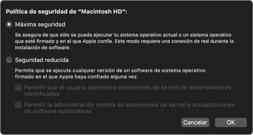 Un panel de selección de políticas de seguridad en Utilidad de Seguridad de Arranque, con la política “Seguridad máxima” seleccionada para el volumen “Macintosh HD”.