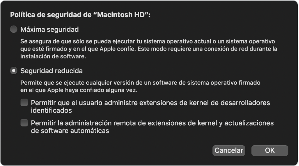 Un panel de selección de políticas de seguridad en Utilidad de Seguridad de Arranque, con la política “Seguridad reducida” seleccionada para el volumen “Macintosh HD”.