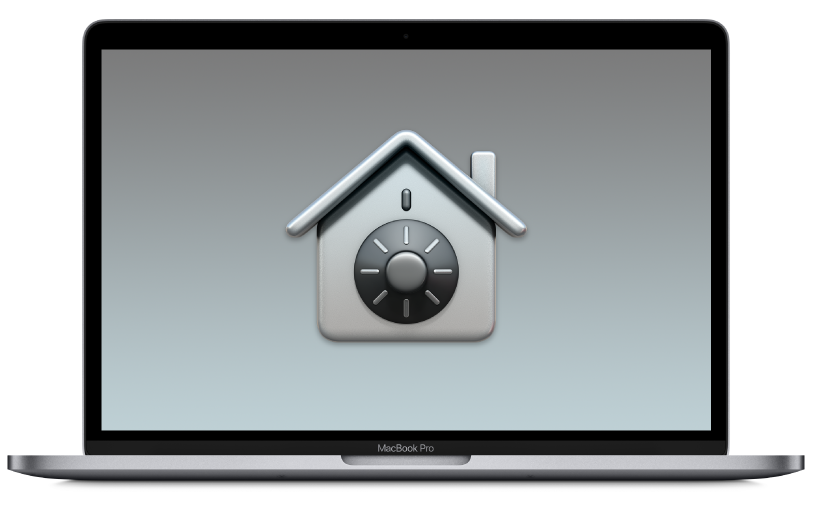 Открытый ноутбук Mac со значком FileVault.