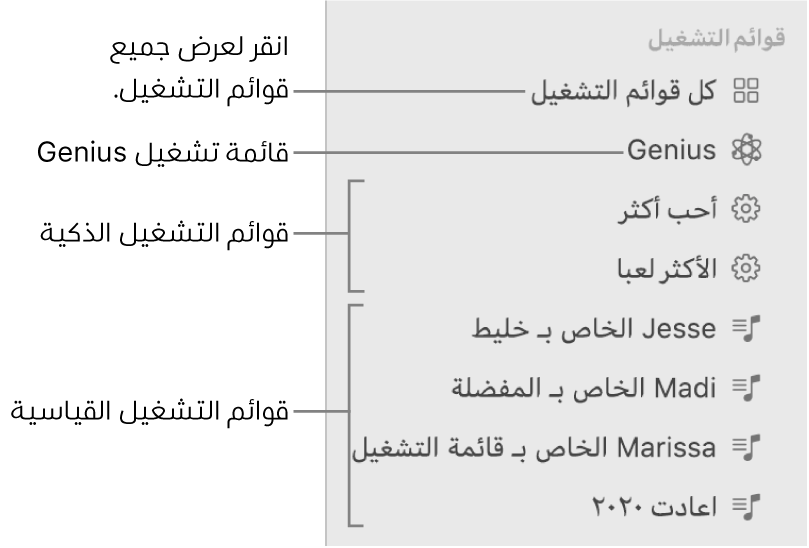 الشريط الجانبي للموسيقى أنواعًا مختلفة من قوائم التشغيل: قائمة تشغيل Genius وقائمة التشغيل الذكية وقائمة التشغيل القياسية. انقر على كل قوائم التشغيل لعرضها جميعًا.