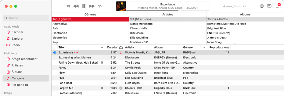 La finestra principal de l’app Música: el navegador de columnes és a la dreta de la barra lateral i a sobre de la llista de cançons.
