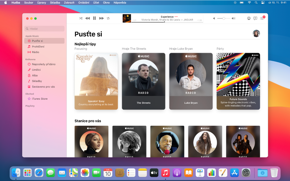 Okno Apple Music, v němž je vidět oddíl „Pusťte si“